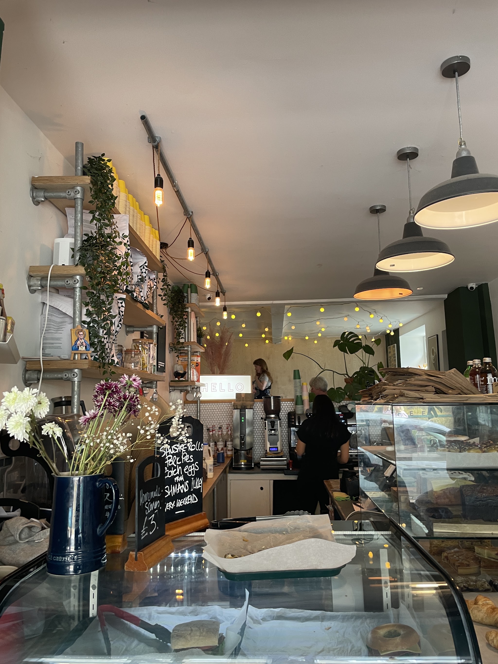 The café counter, with pastries, plants and pendant lights